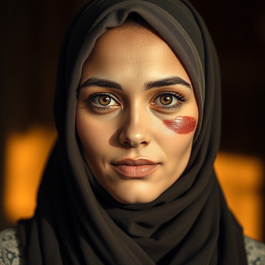 A portrait of a pretty Muslim woman wearing a beautifully styled hijab, featuring a visibly bruised eye that adds a poignant touch to her expression