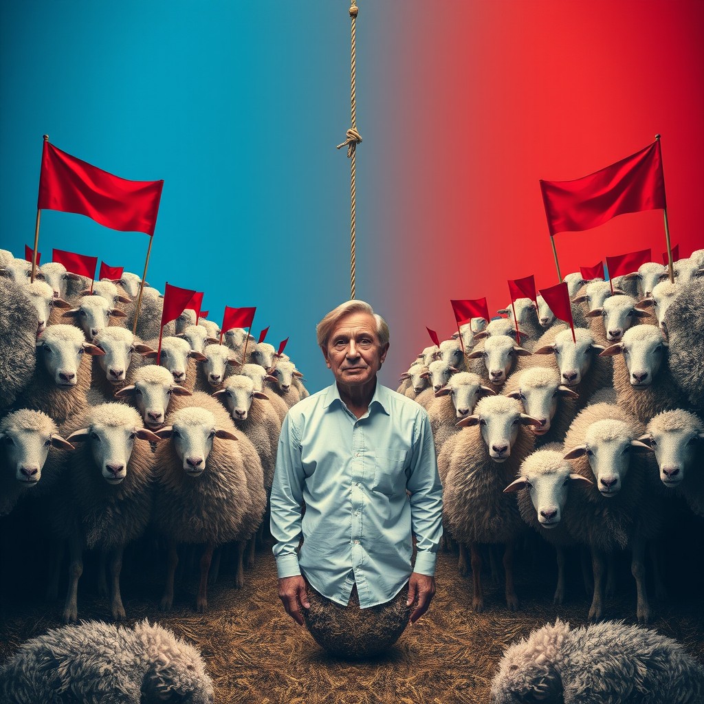 A visually striking image featuring a herd of sheep on the right side with red background and red flags on their heads