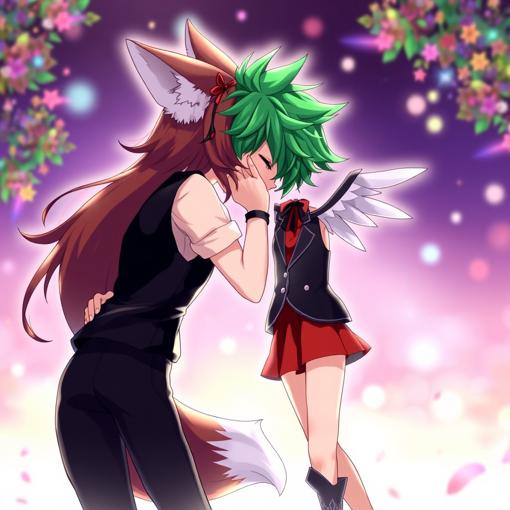 A girl with fox ears, fox wings, and a fox tail, wearing a stylish black vest and matching black pants, with a short red shirt
