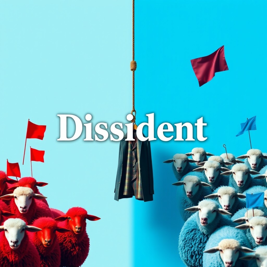 A visually striking image featuring a herd of sheep on the right side with a blue background and blue flags on their heads