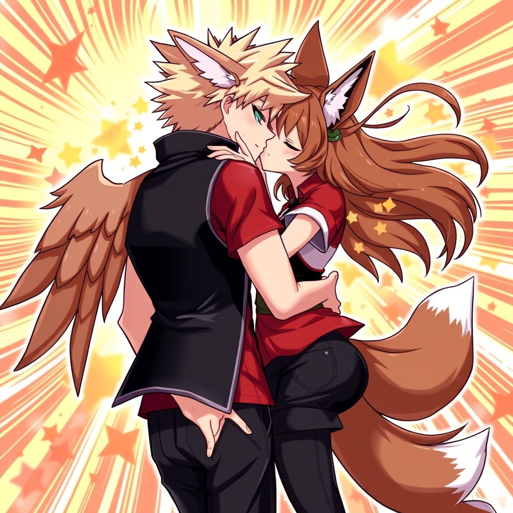 A girl with fox ears, fox wings, and a fox tail, dressed in a sleek black vest and matching black pants, along with a short red shirt