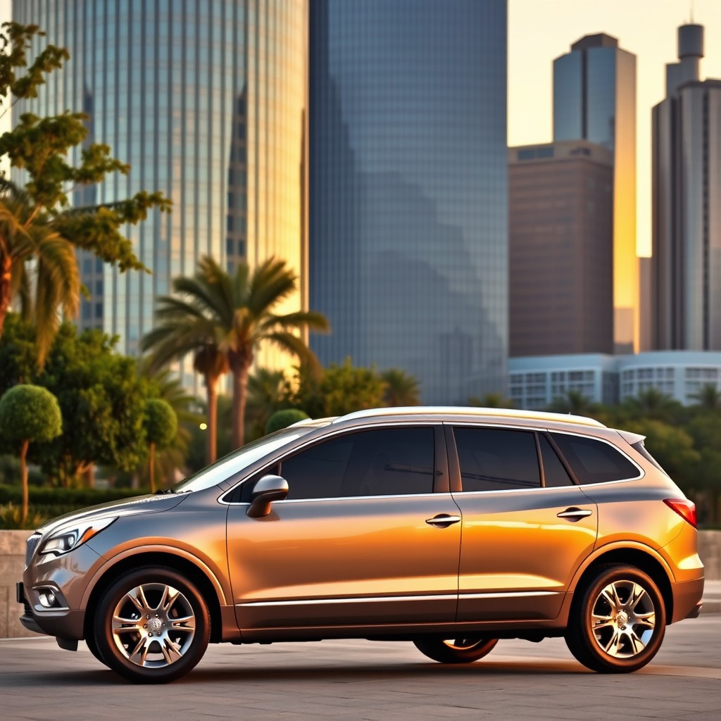 A sleek, modern Buick Rendezvous displayed in a luxurious urban landscape