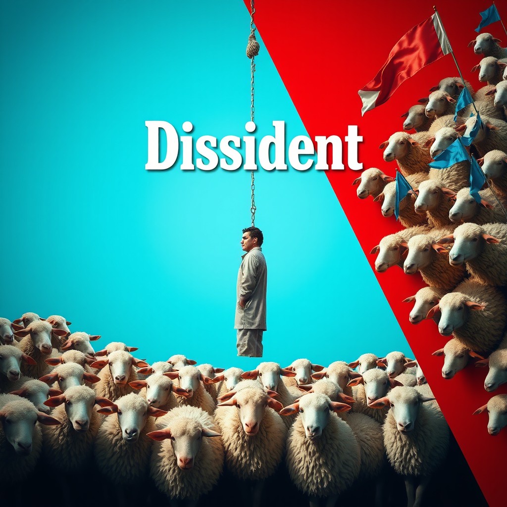 A visually striking image featuring a herd of sheep on the right side with a blue background and blue flags on their heads