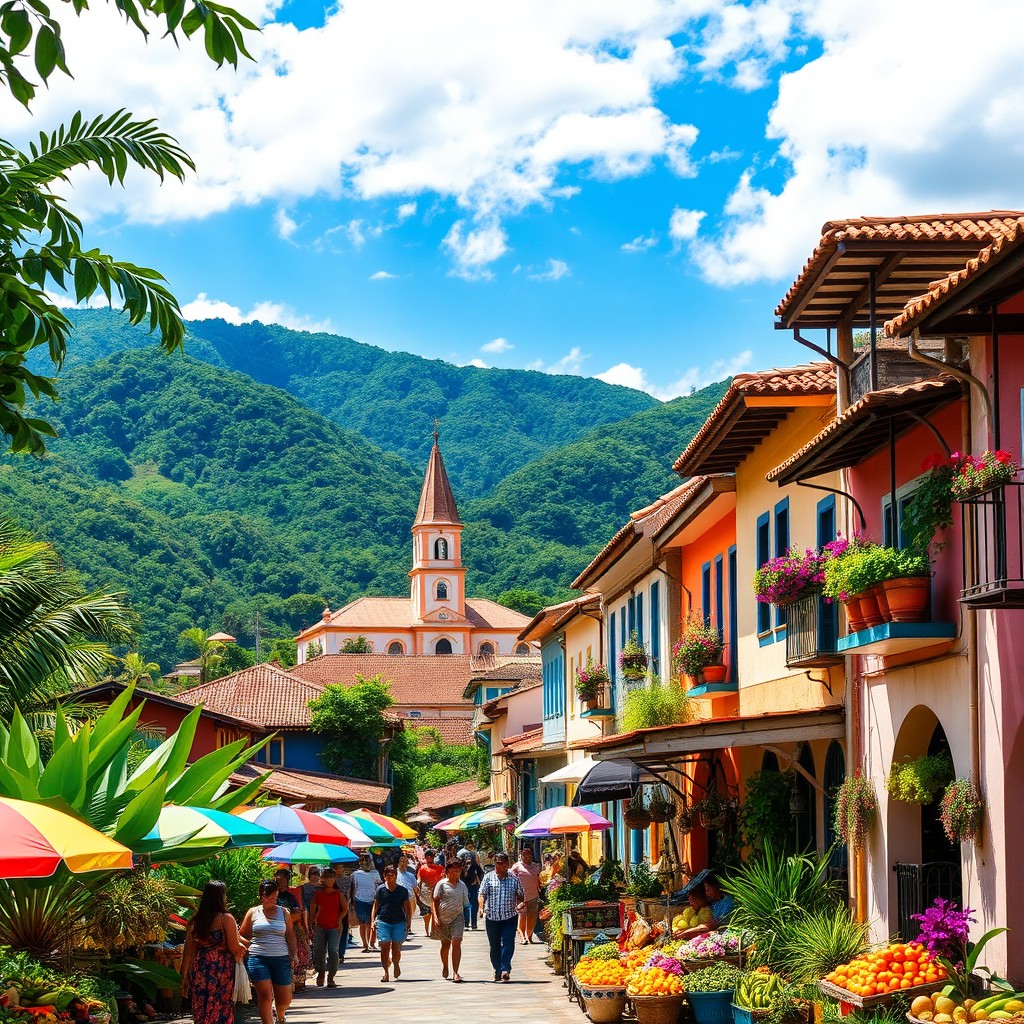 A vibrant and colorful landscape of Colombia, showcasing the lush green mountains of the Andes, a bright blue sky, and a variety of tropical plants and flowers