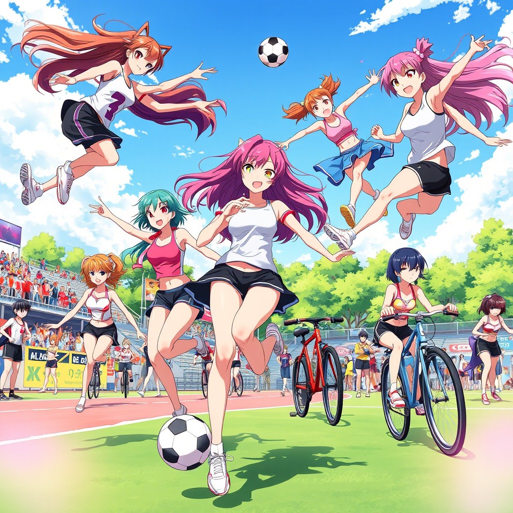 A dynamic scene of anime women engaging in various sports activities, capturing the energy and excitement of the moment