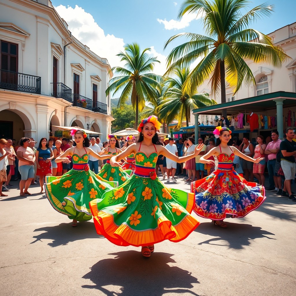 A vibrant street scene in Puerto Rico featuring lively dancers performing traditional dances