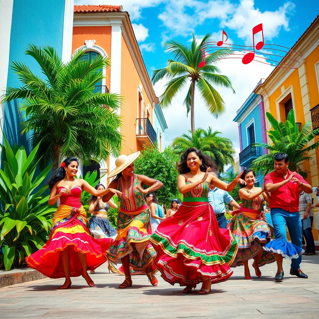 A vibrant street scene in Puerto Rico showcasing traditional dancers in colorful attire, joyfully performing a salsa dance