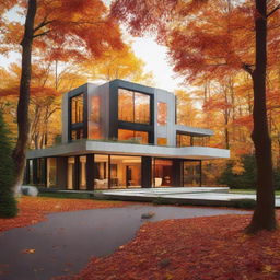 A modern, luxurious mansion secluded in the woods during autumn, surrounded by orange and red falling leaves.