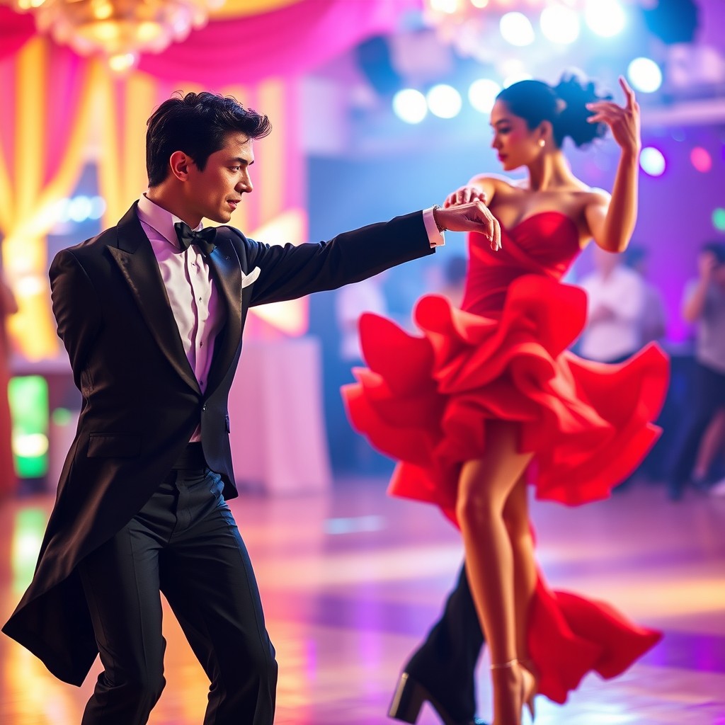 A vibrant scene depicting a pair of Latin dancers, elegantly showcasing their skills