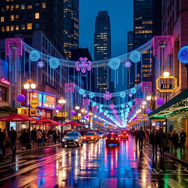 An urban night scene illuminated by a vibrant array of colorful lights, showcasing a bustling city street filled with neon signs, street lamps, and festive decorations