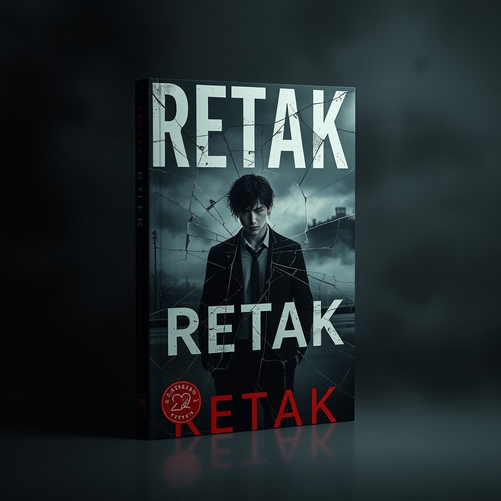 A dark and moody cover design for the novel "RETAK" by Yuna, focusing on the theme of shattered lives of three main characters, with an emphasis on a humorous male protagonist hiding deep emotional wounds