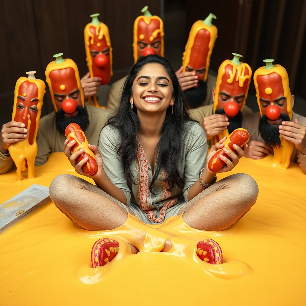 A hot Pakistani 18-year-old girl sitting criss-crossed with a big smile and her eyes closed, surrounded by whimsical men with hilarious kielbasa heads