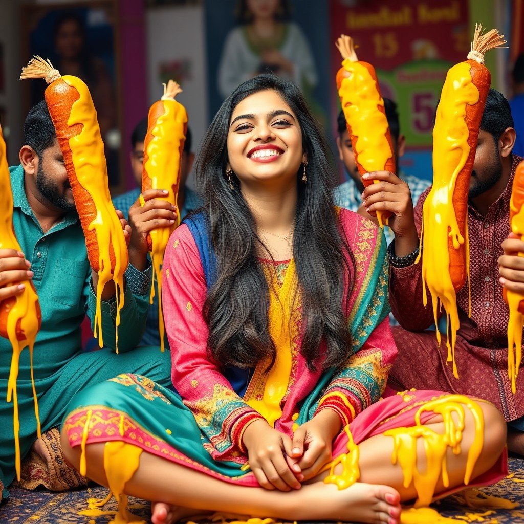 A young Pakistani woman, 18 years old, sitting criss-cross with a joyful expression, eyes closed, radiating happiness