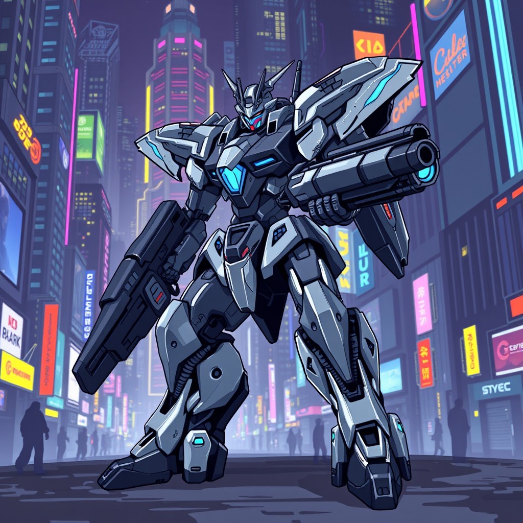 A detailed pixel art representation of a futuristic gun-wielding mecha, set in a cyberpunk environment