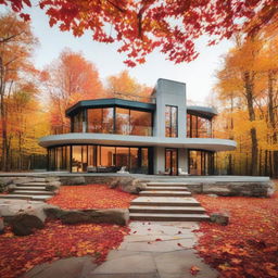 A modern, luxurious mansion secluded in the woods during autumn, surrounded by orange and red falling leaves.