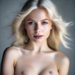 A high-resolution photograph showcases a stunning blonde woman in a moment of passion