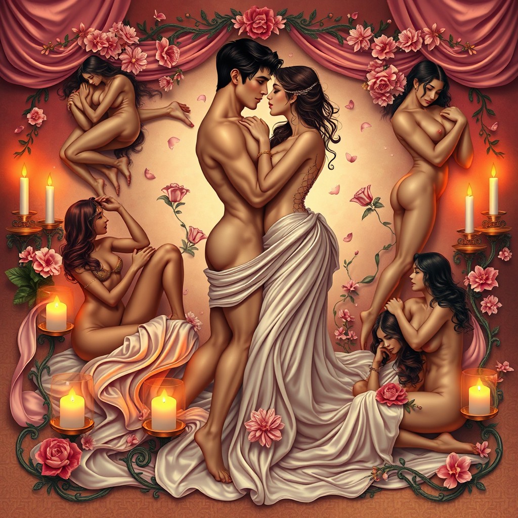 An intricate and artistic representation of the Kama Sutra, showcasing various poses symbolizing love, intimacy, and connection between couples