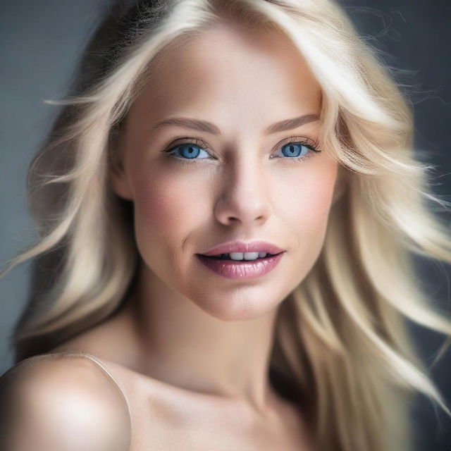 A high-resolution photograph showcases a stunning blonde woman in a moment of passion