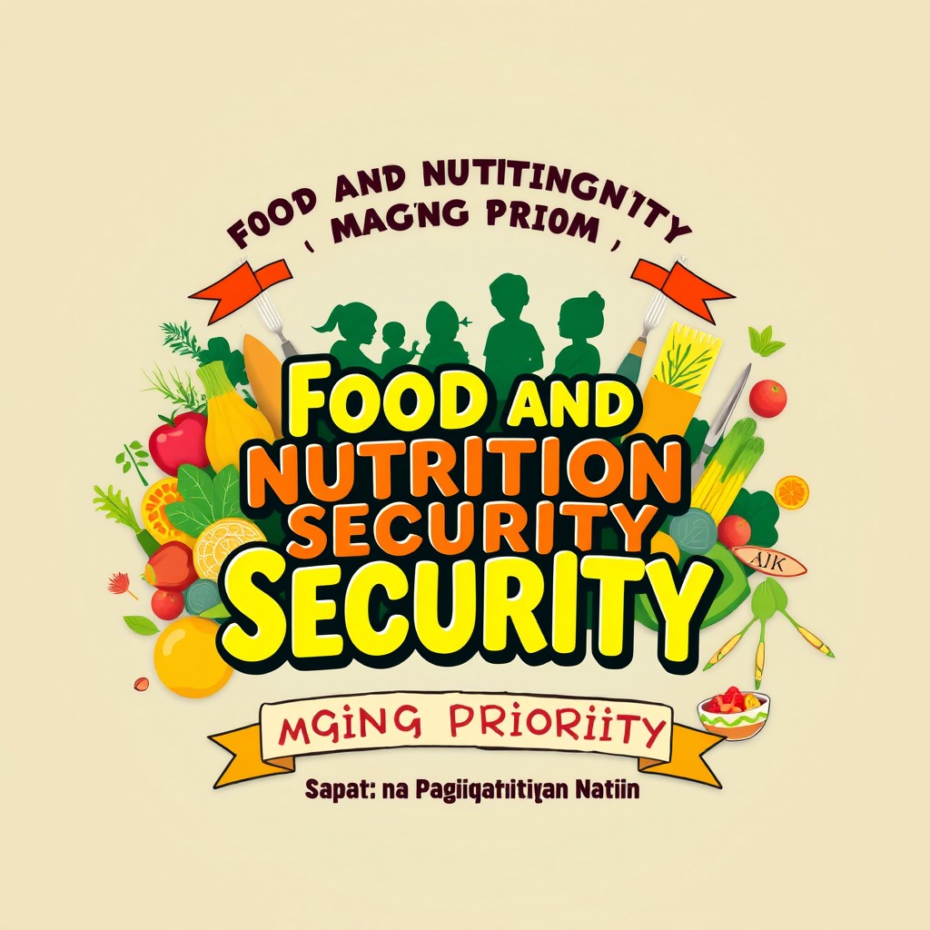 A vibrant and eye-catching poster design for a contest with the theme: "Food and Nutrition Security, Maging Priority! Sapat na Pagkain, Karapatan Natin"