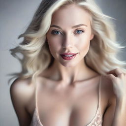 A high-resolution photograph showcases a stunning blonde woman in a moment of passion