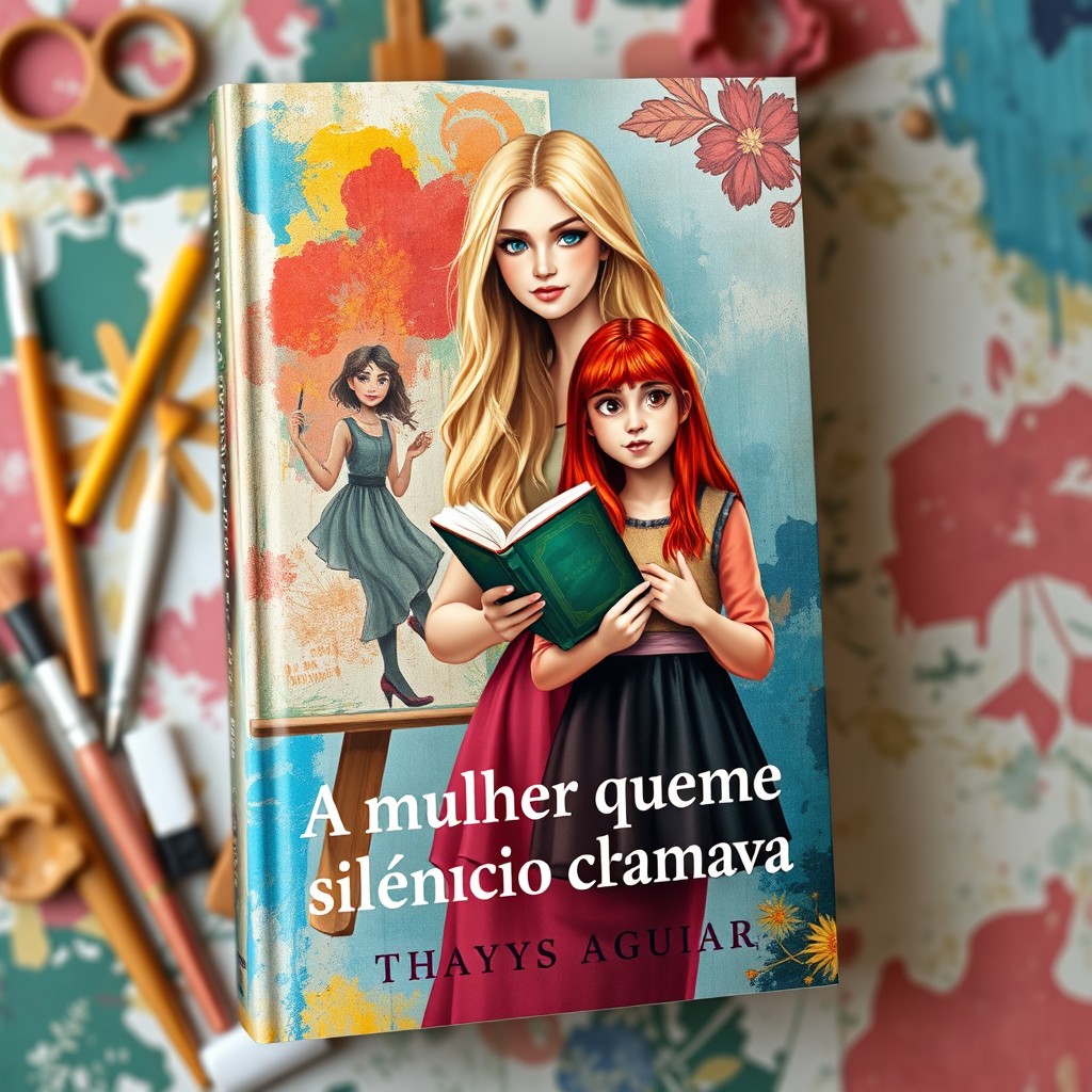 A captivating book cover featuring the first girl painter, with long blonde hair, elegantly holding a paintbrush in one hand, standing confidently in front of a colorful abstract canvas