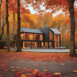 A modern, luxurious mansion secluded in the woods during autumn, surrounded by orange and red falling leaves.