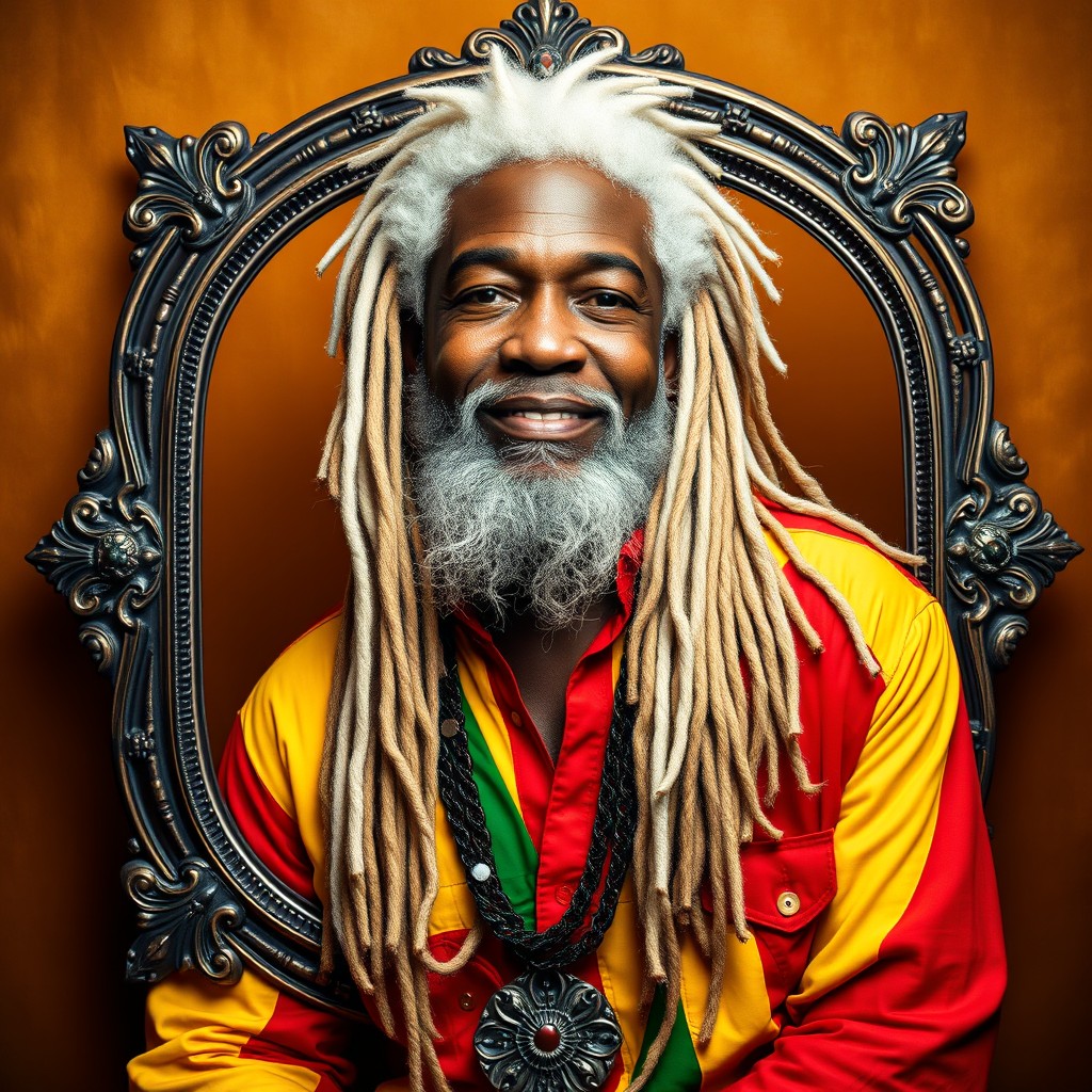 A striking portrait of a black man with long, white hair and a beard, dressed in vibrant red, yellow, and green clothing