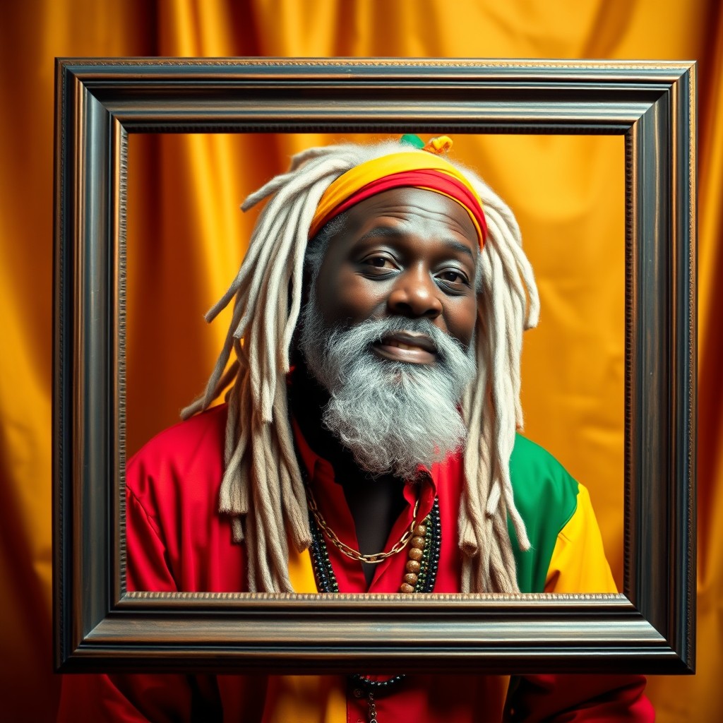 A black Rastafarian man with white hair and a beard, dressed in vibrant red, yellow, and green clothing