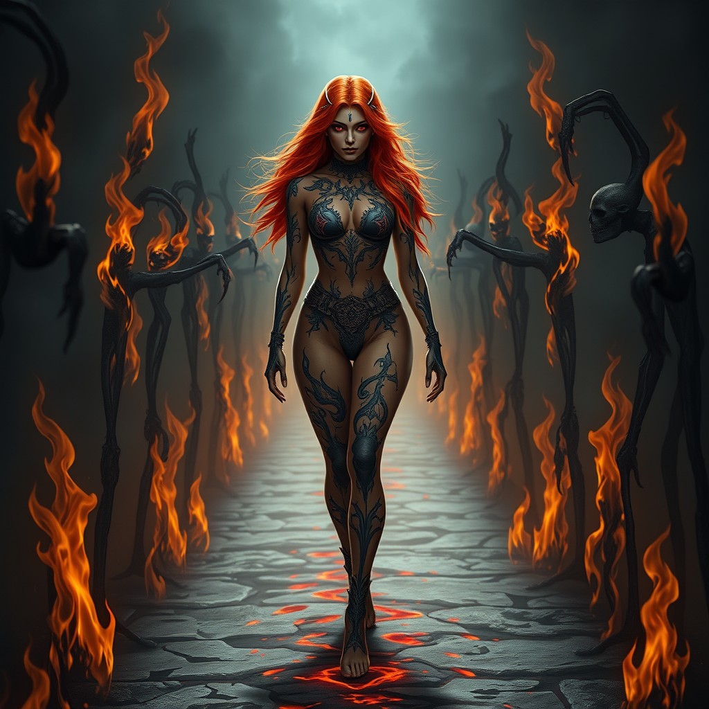 A female Shadar-Kai sorcerer with exquisite Ashtone skin, featuring striking flaming auburn red hair that cascades elegantly down her shoulders