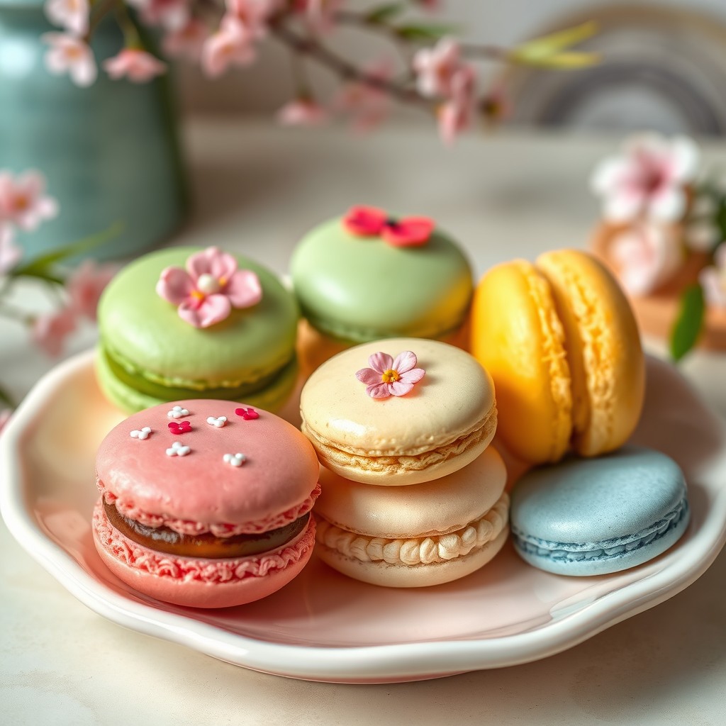 A delightful assortment of cute Japanese macarons, beautifully arranged on a pastel-colored plate
