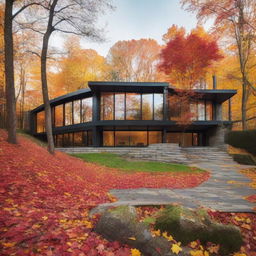 A modern, luxurious mansion secluded in the woods during autumn, surrounded by orange and red falling leaves.