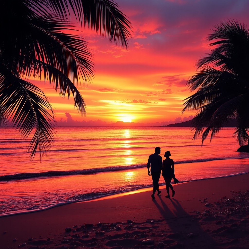 A vibrant and colorful sunset over a serene beach, with gentle waves lapping at the shore