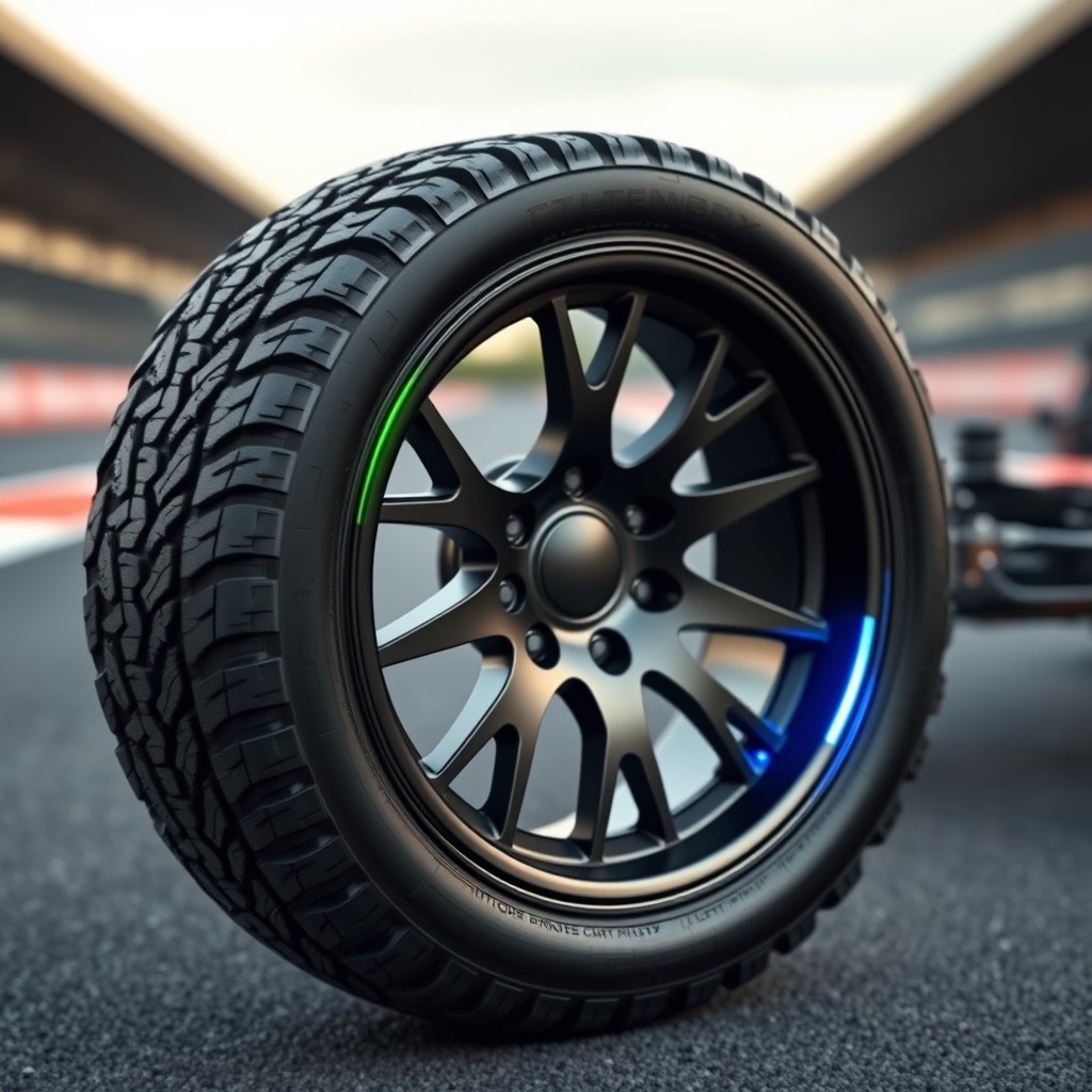 A detailed and innovative wheel design for a modern go-kart, showcasing a sleek and sporty aesthetic