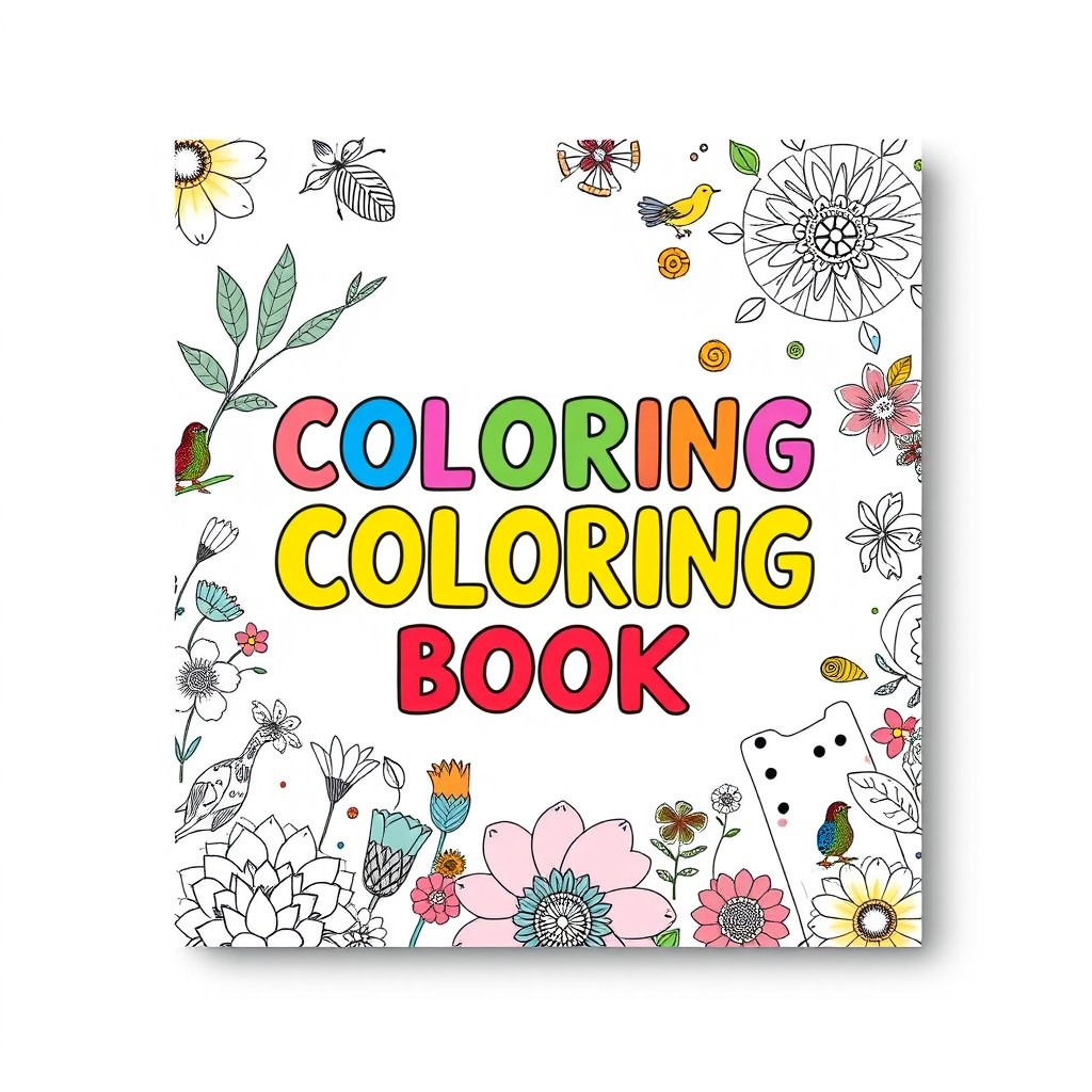 An engaging ebook cover design featuring beautifully intricate coloring book illustrations inspired by nature, animals, and whimsical patterns