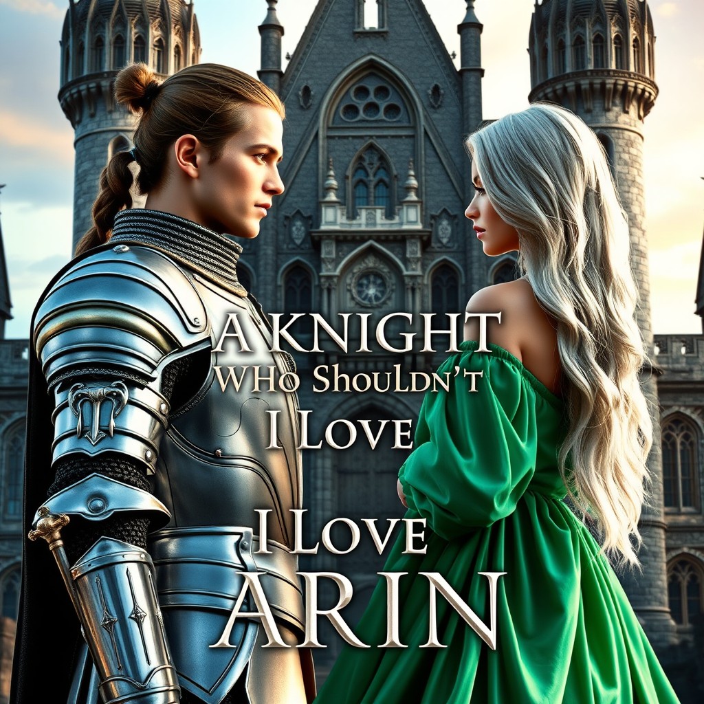 A stunning fantasy romance book cover featuring a brave knight standing proudly in front of an elaborate castle