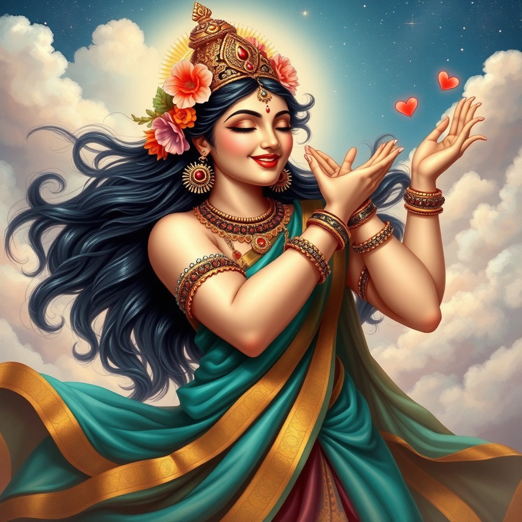 A captivating depiction of a Hindu goddess playfully giving a flying kiss, radiating charm and beauty