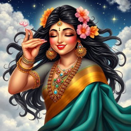 A captivating depiction of a Hindu goddess playfully giving a flying kiss, radiating charm and beauty