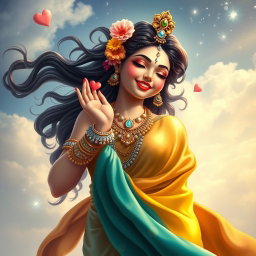 A captivating depiction of a Hindu goddess playfully giving a flying kiss, radiating charm and beauty