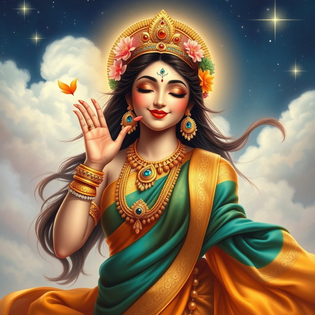 A captivating depiction of a Hindu goddess playfully giving a flying kiss, radiating charm and beauty