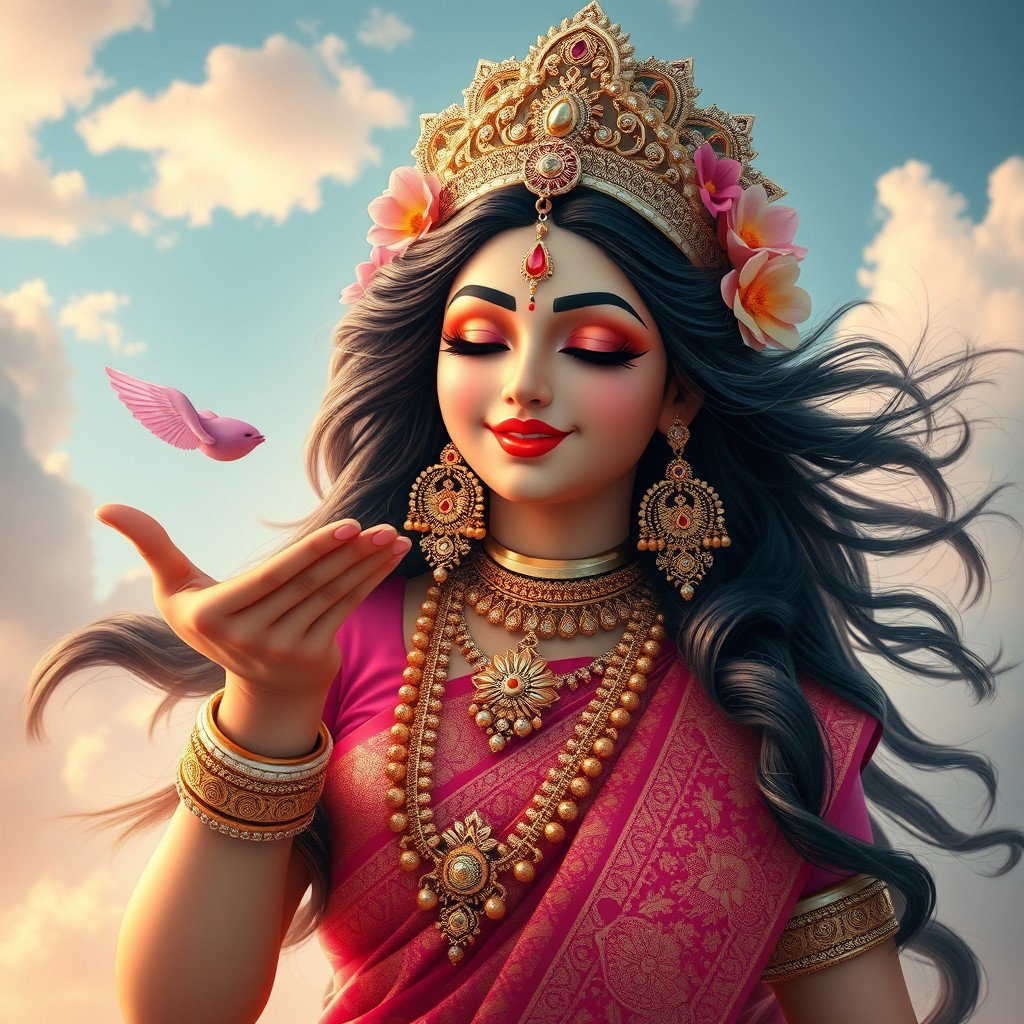 A captivating representation of a Hindu goddess playfully giving a flying kiss, radiating charm and divine beauty