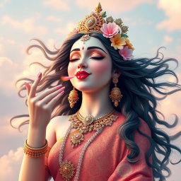 A captivating representation of a Hindu goddess playfully giving a flying kiss, radiating charm and divine beauty