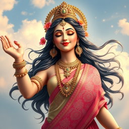 A captivating representation of a Hindu goddess playfully giving a flying kiss, radiating charm and divine beauty