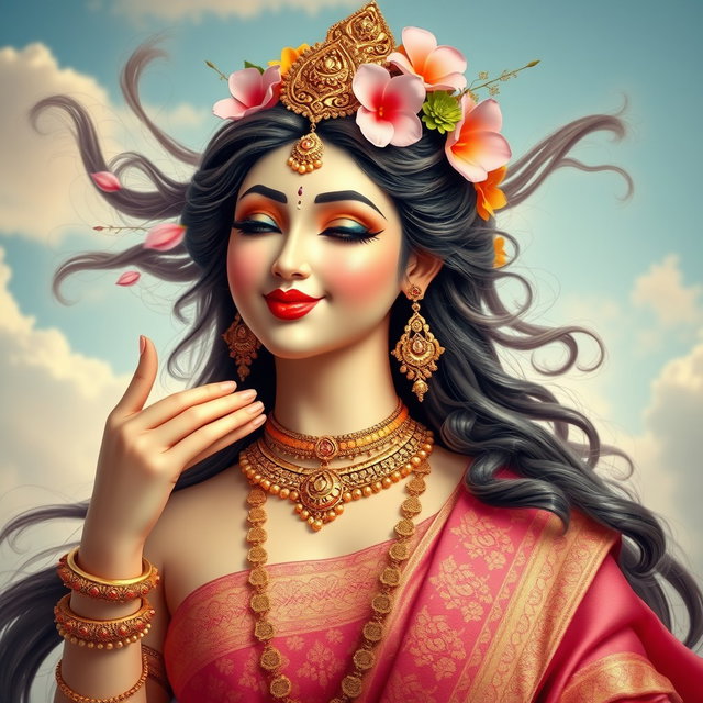A captivating representation of a Hindu goddess playfully giving a flying kiss, radiating charm and divine beauty