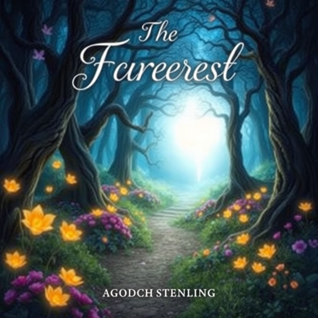 A captivating book cover design featuring a mystical forest with vibrant, glowing flowers and ancient trees