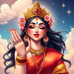 An enchanting illustration of a beautiful Hindu goddess playfully positioned with her lips in a flying kiss pose, radiating allure and charm