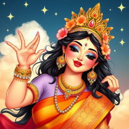 An enchanting illustration of a beautiful Hindu goddess playfully positioned with her lips in a flying kiss pose, radiating allure and charm