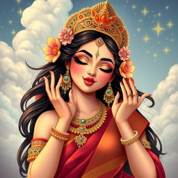 An enchanting illustration of a beautiful Hindu goddess playfully positioned with her lips in a flying kiss pose, radiating allure and charm