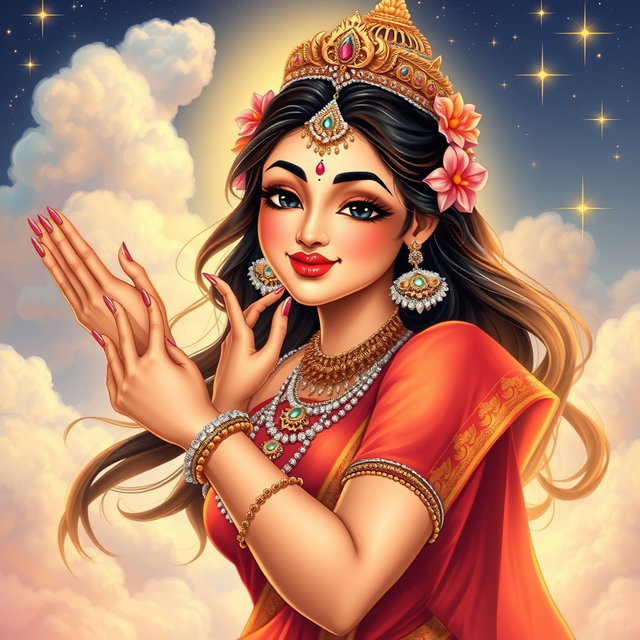An enchanting illustration of a beautiful Hindu goddess playfully positioned with her lips in a flying kiss pose, radiating allure and charm