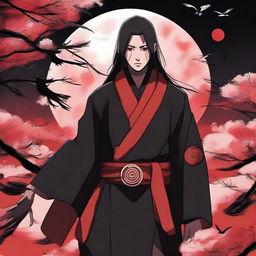 Itachi Uchiha, the legendary Naruto character, in his Akatsuki robe. His Sharingan eyes glow fiercely. The name 'Itachi' is boldly scripted beside him against a background filled with magpies and a full moon.