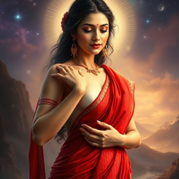 A mesmerizing depiction of a beautiful Devi with a milk-glow complexion, elegantly wearing a vibrant red saree